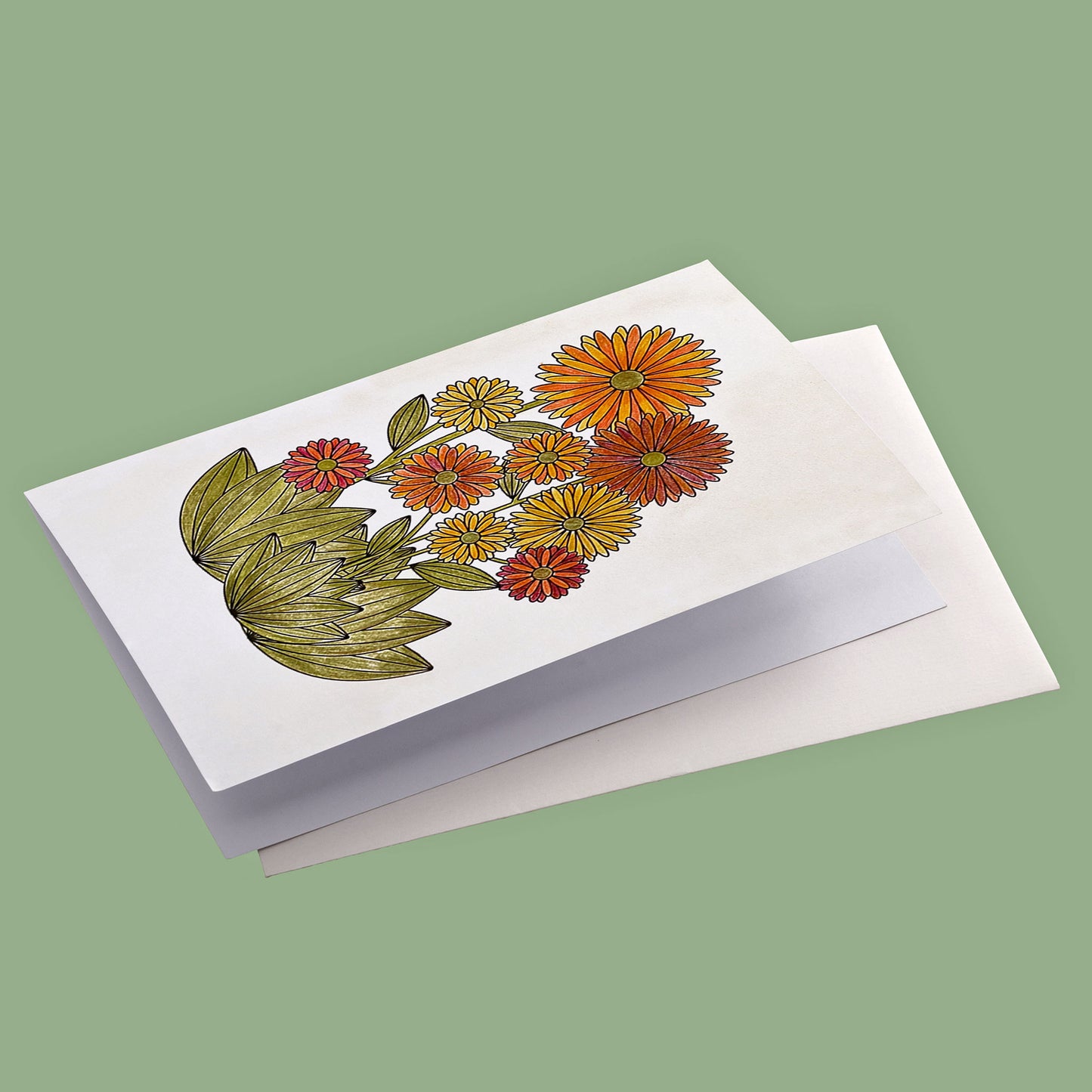 Productafbeelding van een ingekleurde kaart met een envelop als mogelijk voorbeeld, ter inspiratie.