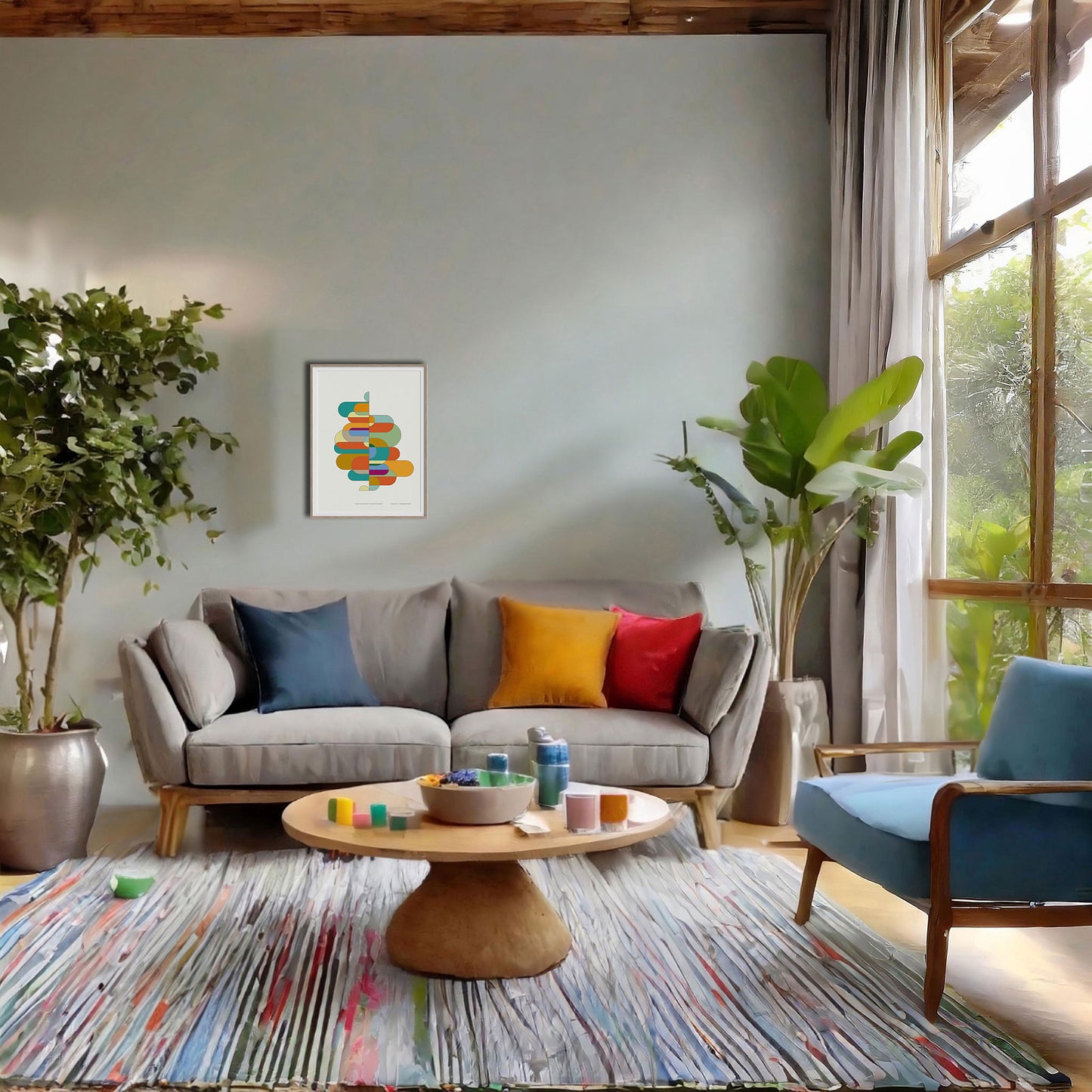 Productafbeelding, poster "kleur-acrobaat met ronde rechthoeken", hangend in een licht interieur boven een bank, ter impressie
