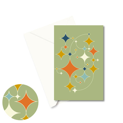 Productafbeelding, wenskaart "rising stars (groen)" de voorzijde met een envelop