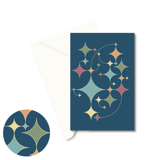 Productafbeelding, wenskaart "rising stars (blauw)" de voorzijde met een envelop