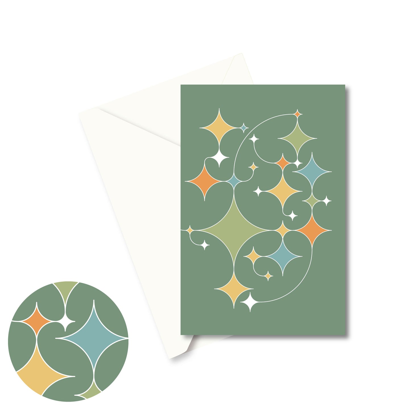 Productafbeelding, wenskaart "rising stars (donkergroen)" de voorzijde met een envelop
