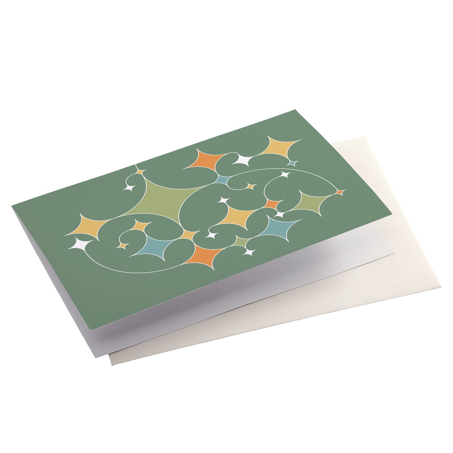 Productafbeelding, wenskaart "rising stars (donkergroen)" zijaanzicht liggend met een envelop