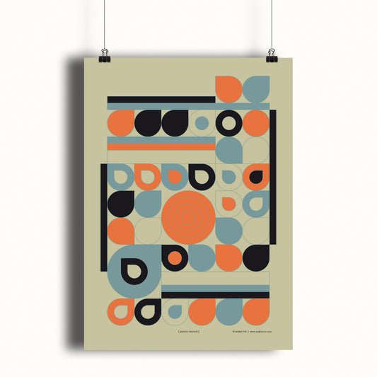 Productafbeelding, poster "jardin orange", hangend aan een creme kleurige wand, een overzichtsfoto