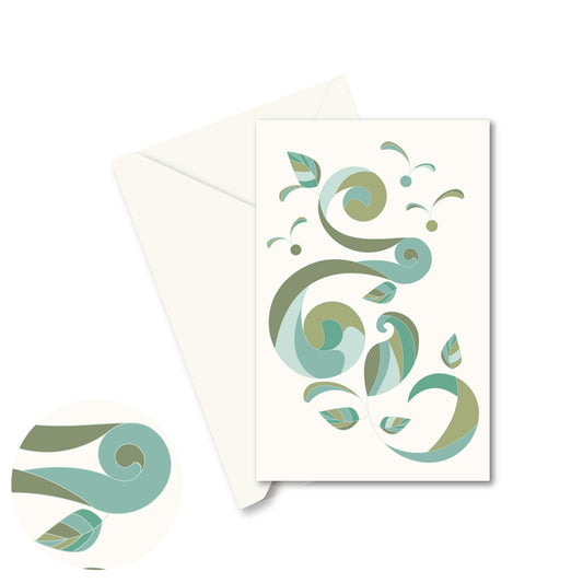 Productafbeelding, wenskaart "sprankelende collage (groen) 1" de voorzijde met een envelop