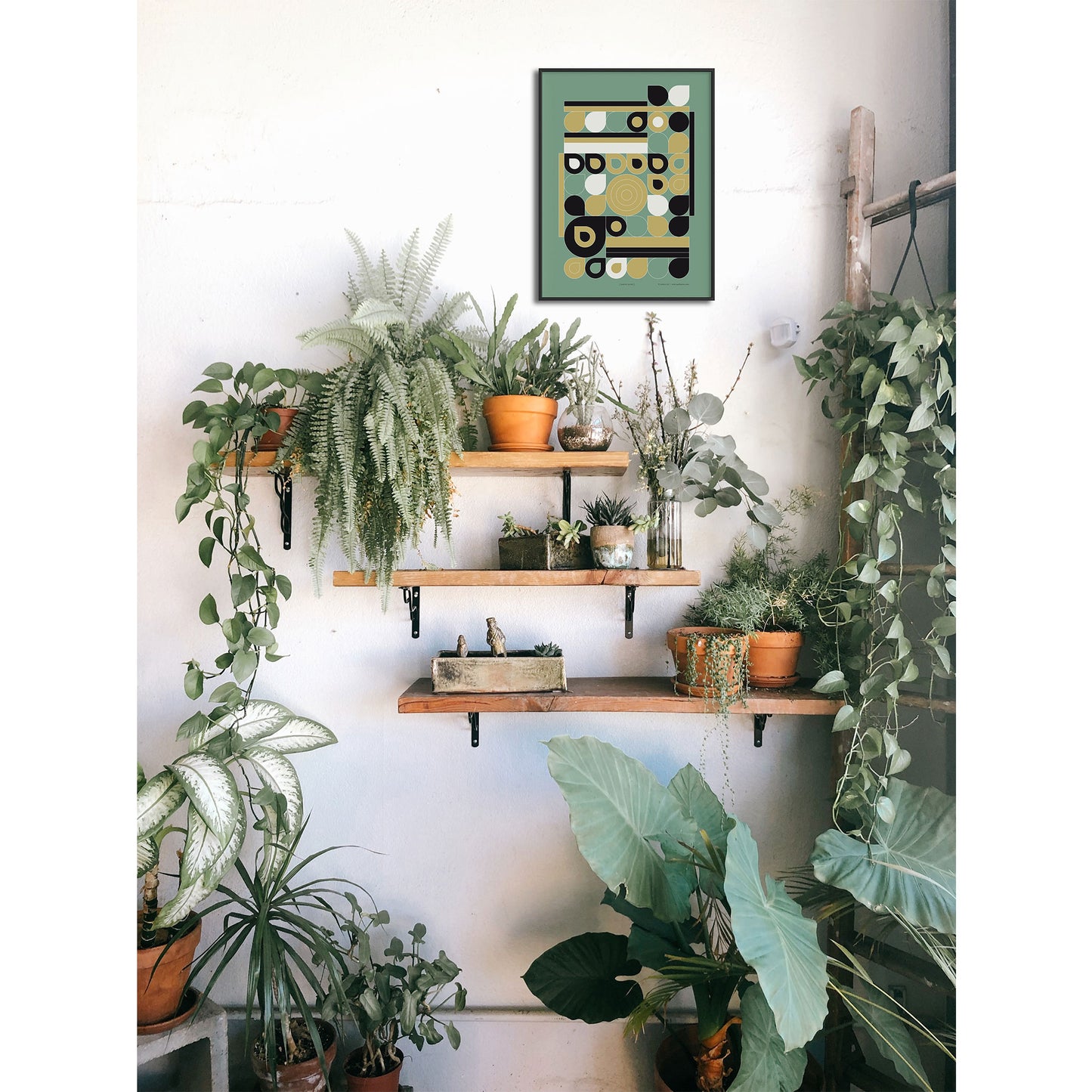 Productafbeelding, poster "jardin jaune", foto impressie 1, ingelijst hangend in een interieur met veel planten aan een wand 