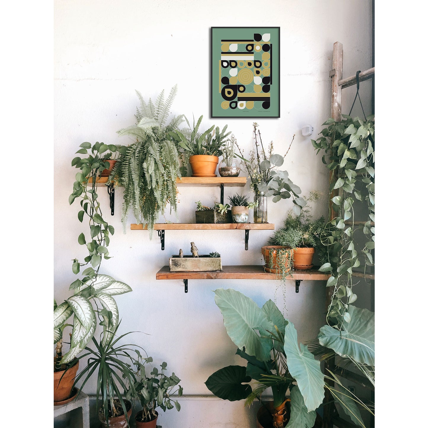 Productafbeelding, poster "jardin jaune", foto impressie 1, ingelijst hangend in een interieur met veel planten aan een wand