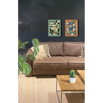Productafbeelding, poster "jardin jaune" en "jardin bleu", foto impressie 5, ingelijst hangend samen boven een bank in een interieur
