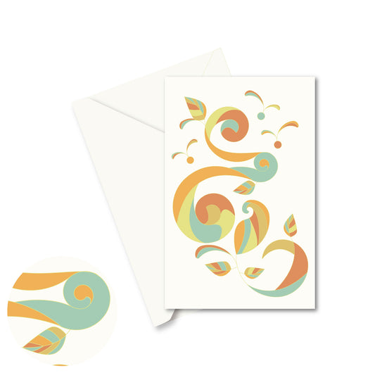 Productafbeelding, wenskaart "sprankelende collage (oranje) 1", de voorzijde met envelop