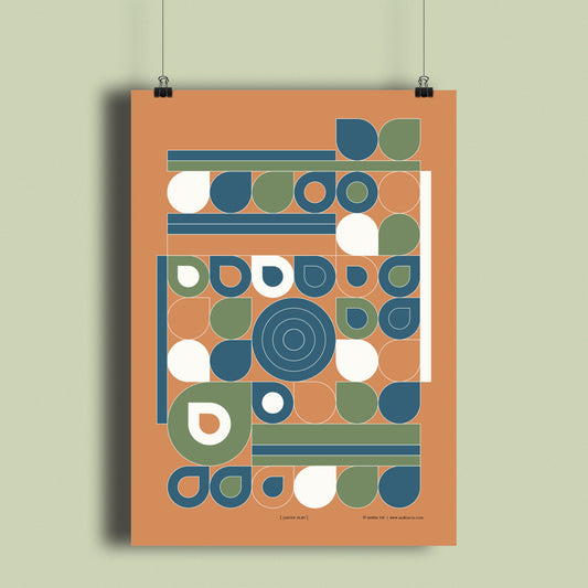 Productafbeelding, poster "jardin bleu", hangend aan een lichtgroen gekleurde wand, een overzichtsfoto