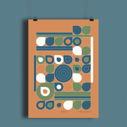 Productafbeelding, poster "jardin bleu", hangend aan een blauw gekleurde wand, een overzichtsfoto