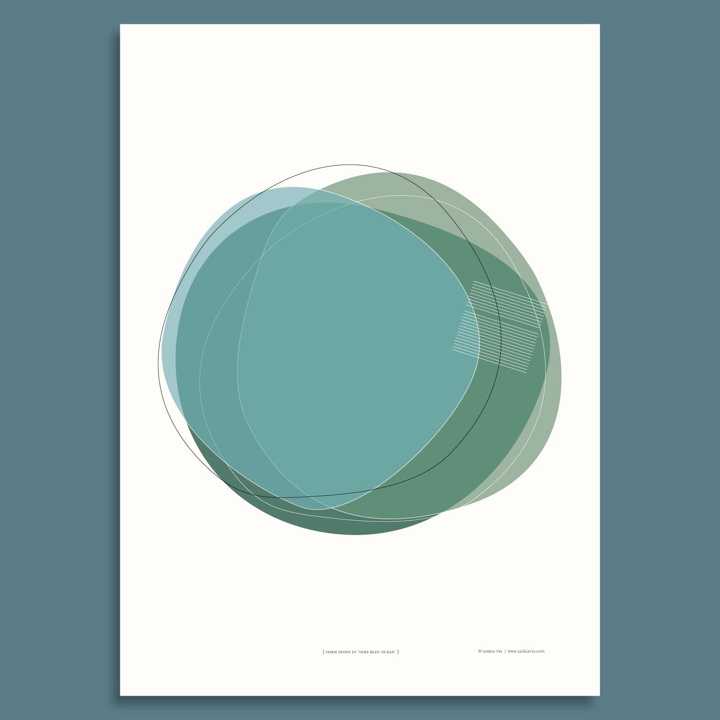 Productafbeelding, poster "vorm zeven in vert-blue océan", afgebeeld tegen een blauw gekleurde achtergrond, een overzichtsfoto