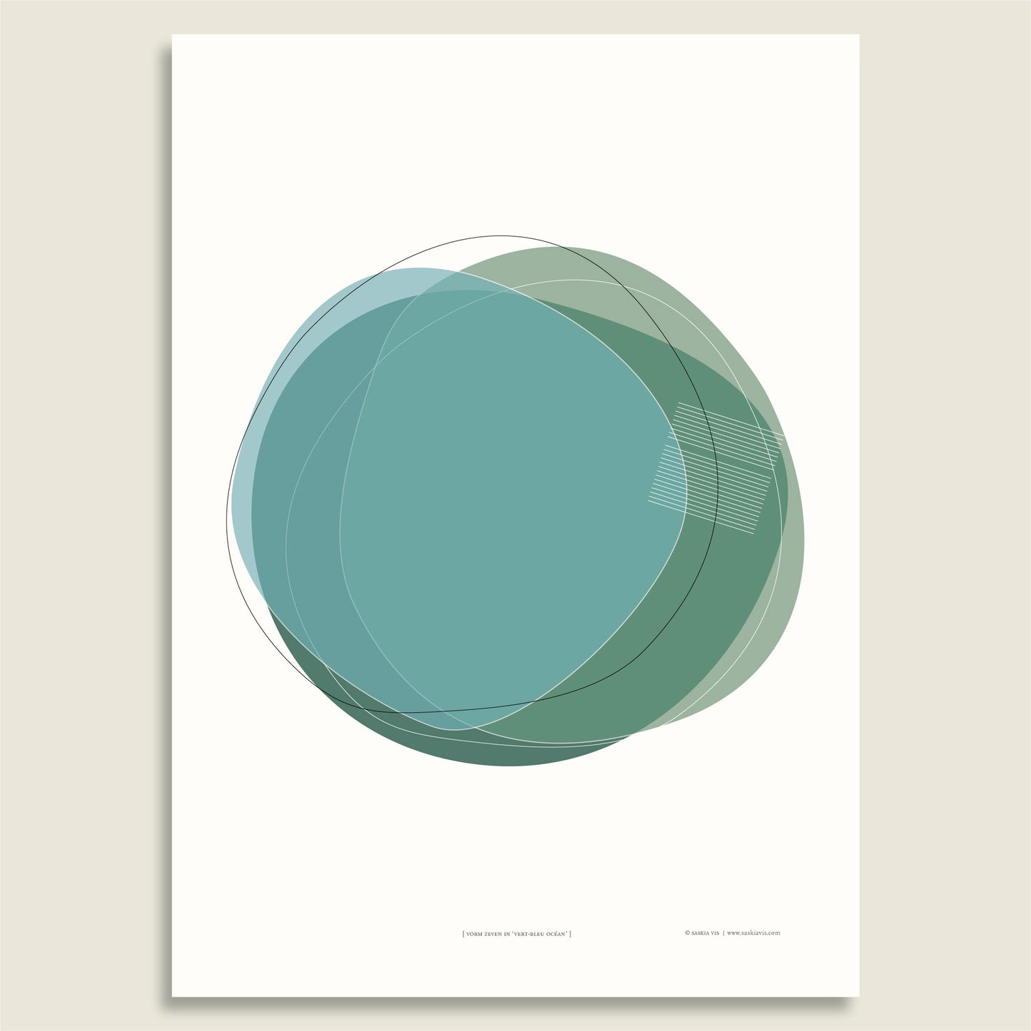 Productafbeelding, poster "vorm zeven in vert-blue océan", afgebeeld tegen een creme-wit gekleurde achtergrond, een overzichtsfoto