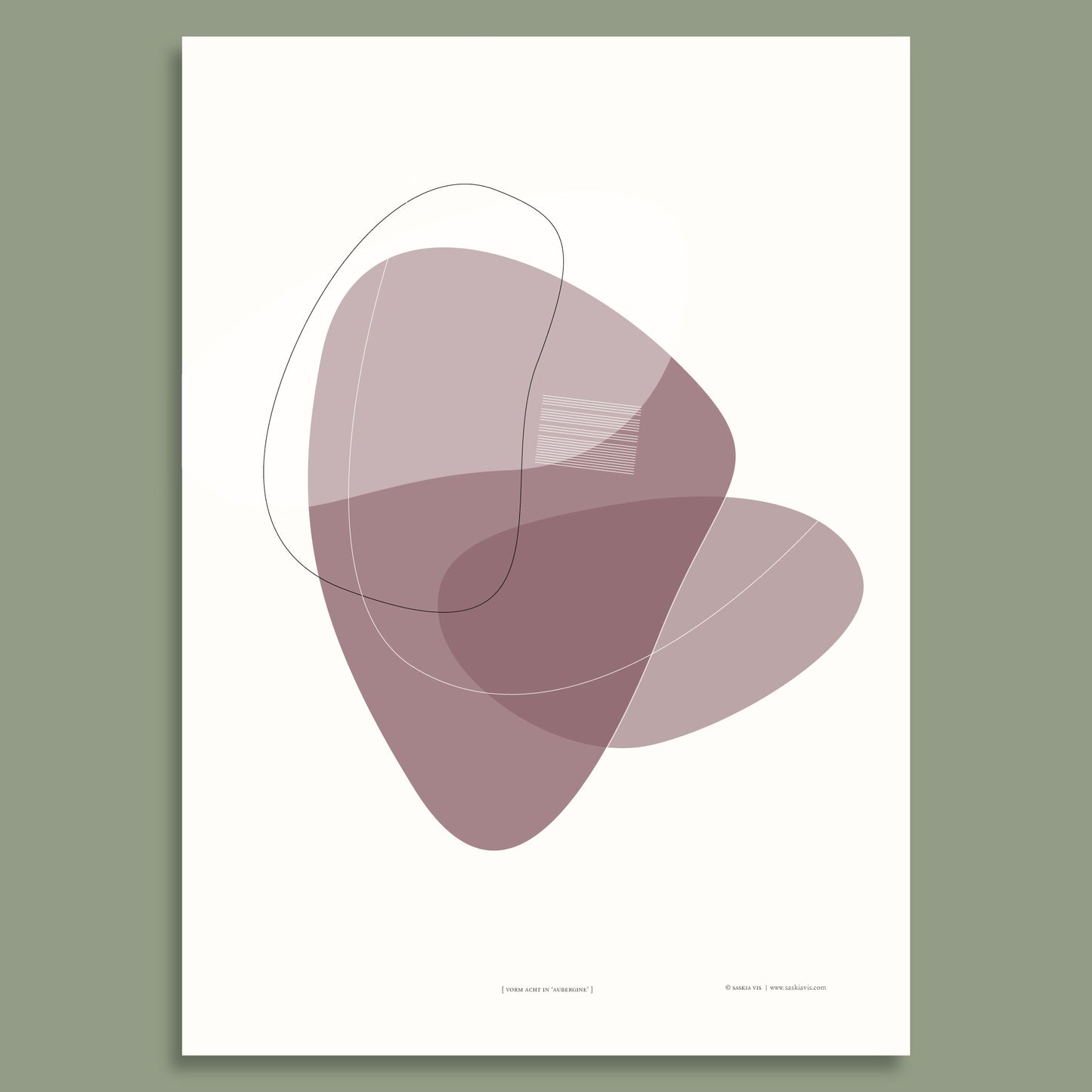 Productafbeelding, poster "vorm acht in aubergine", afgebeeld tegen een olijfgroen gekleurde achtergrond, een overzichtsfoto
