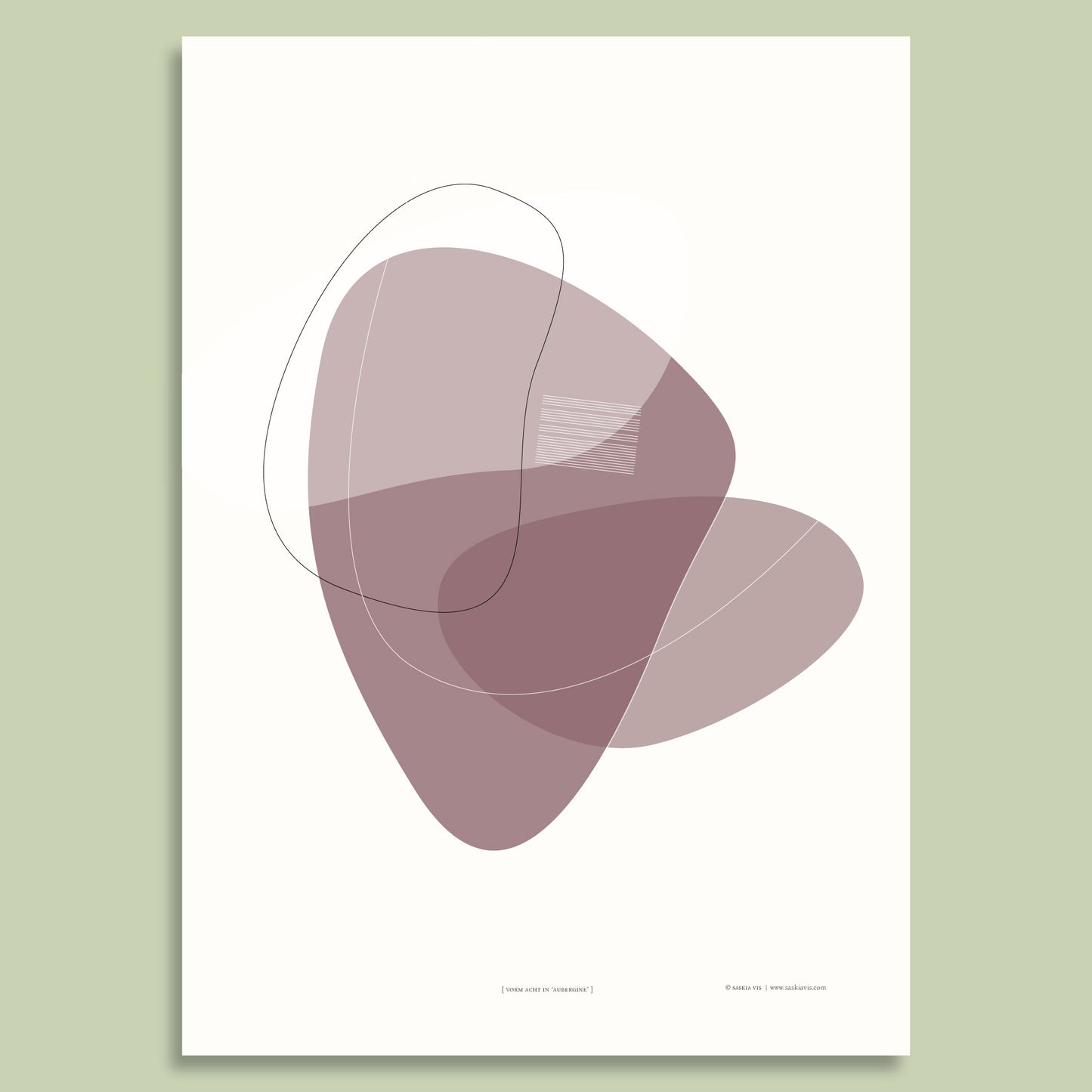 Productafbeelding, poster "vorm acht in aubergine", afgebeeld tegen een lichtgroen gekleurde achtergrond, een overzichtsfoto