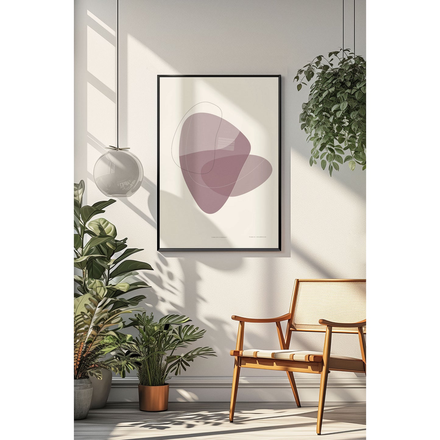 Productafbeelding, poster "vorm acht in aubergine", een sfeerfoto, ingelijst hangend in een interieur met een stoel, planten en een lamp