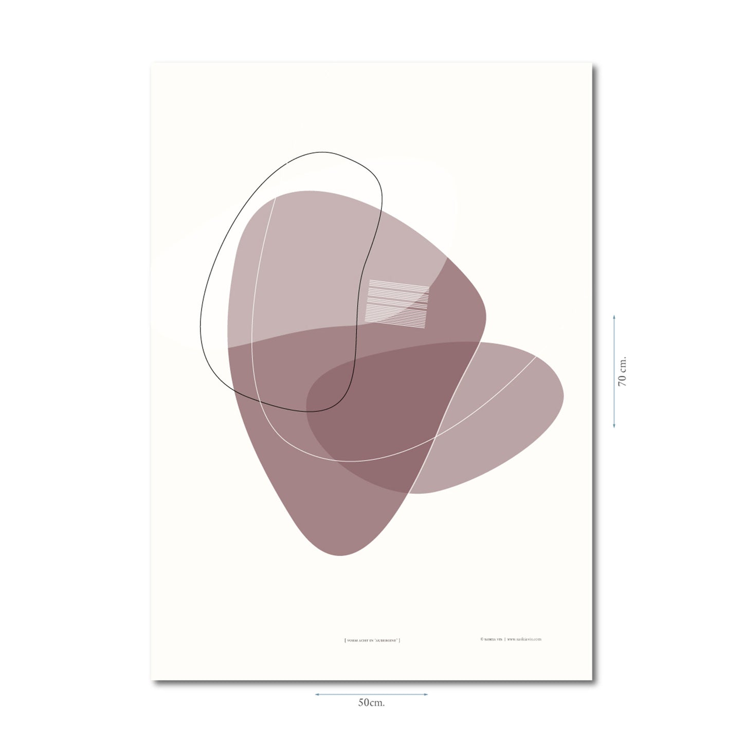 Productafbeelding, poster "vorm acht in aubergine", met aanduiding van het formaat erop weergegeven 50 x 70 cm