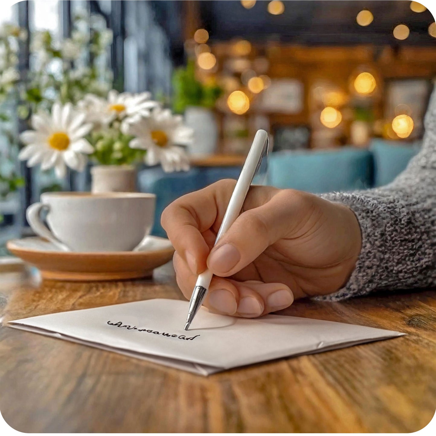 Een sfeerfoto waarin iemand een wenskaart aan het schrijven is aan een tafel, in een aangepaste, specifieke sfeervolle omgeving