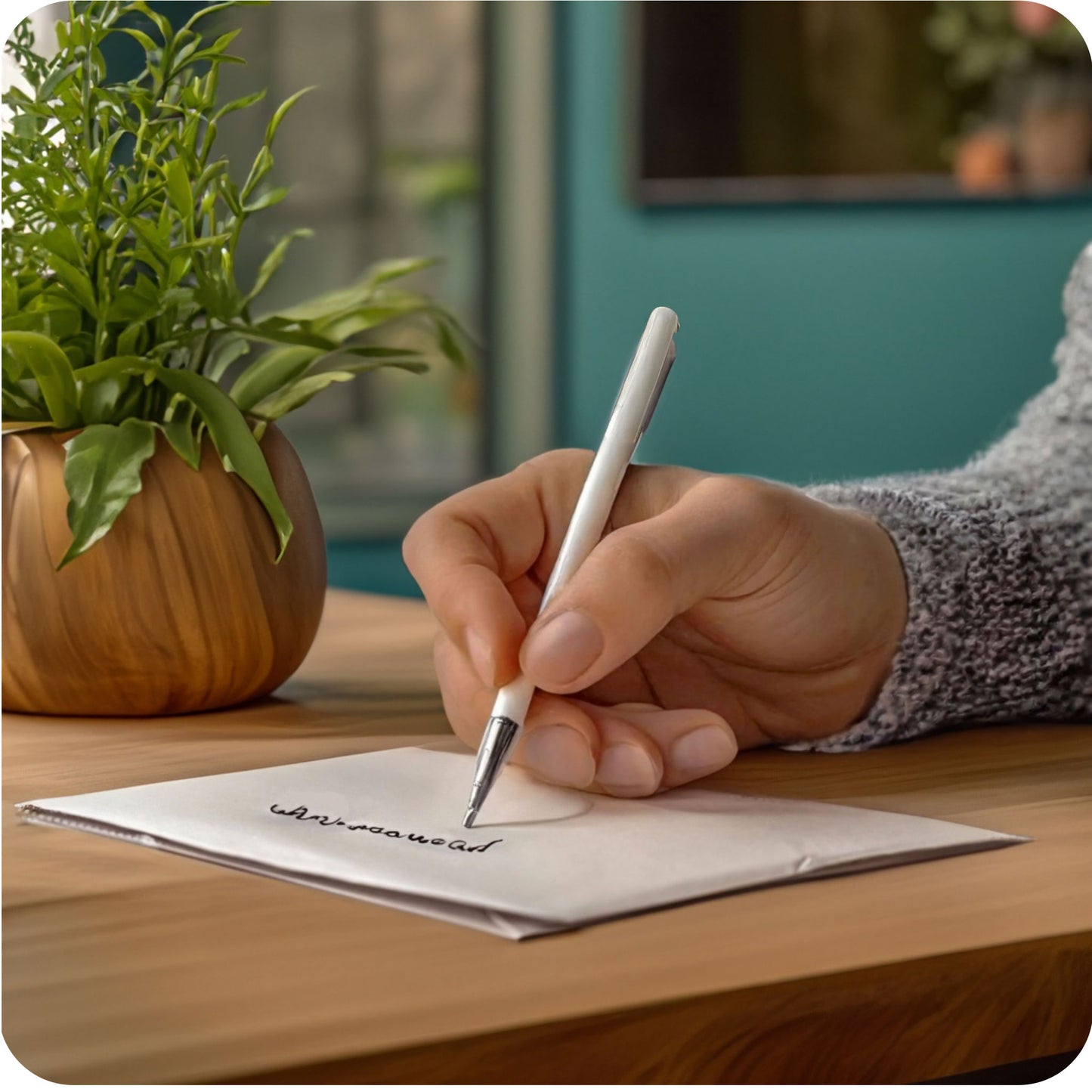 Een sfeerfoto waarin iemand een wenskaart aan het schrijven is aan een tafel, in een aangepaste, specifieke sfeervolle omgeving