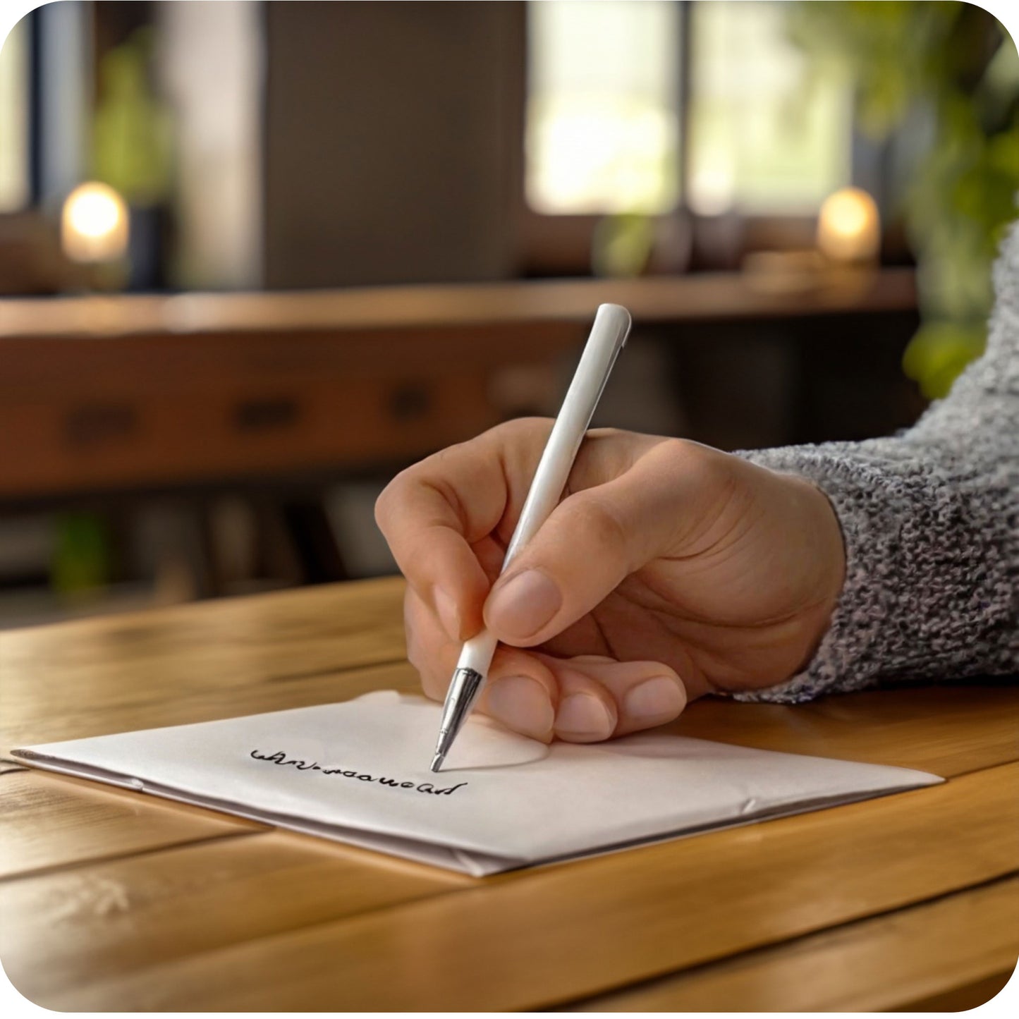 Een sfeerfoto waarin iemand een wenskaart aan het schrijven is aan een tafel, in een aangepaste, specifieke sfeervolle omgeving