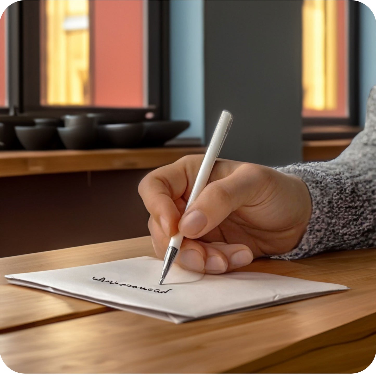 Een sfeerfoto waarin iemand een wenskaart aan het schrijven is aan een tafel, in een aangepaste, specifieke sfeervolle omgeving