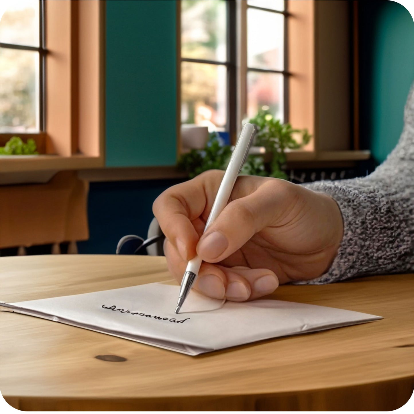 Een sfeerfoto waarin iemand een wenskaart aan het schrijven is aan een tafel, in een aangepaste, specifieke sfeervolle omgeving