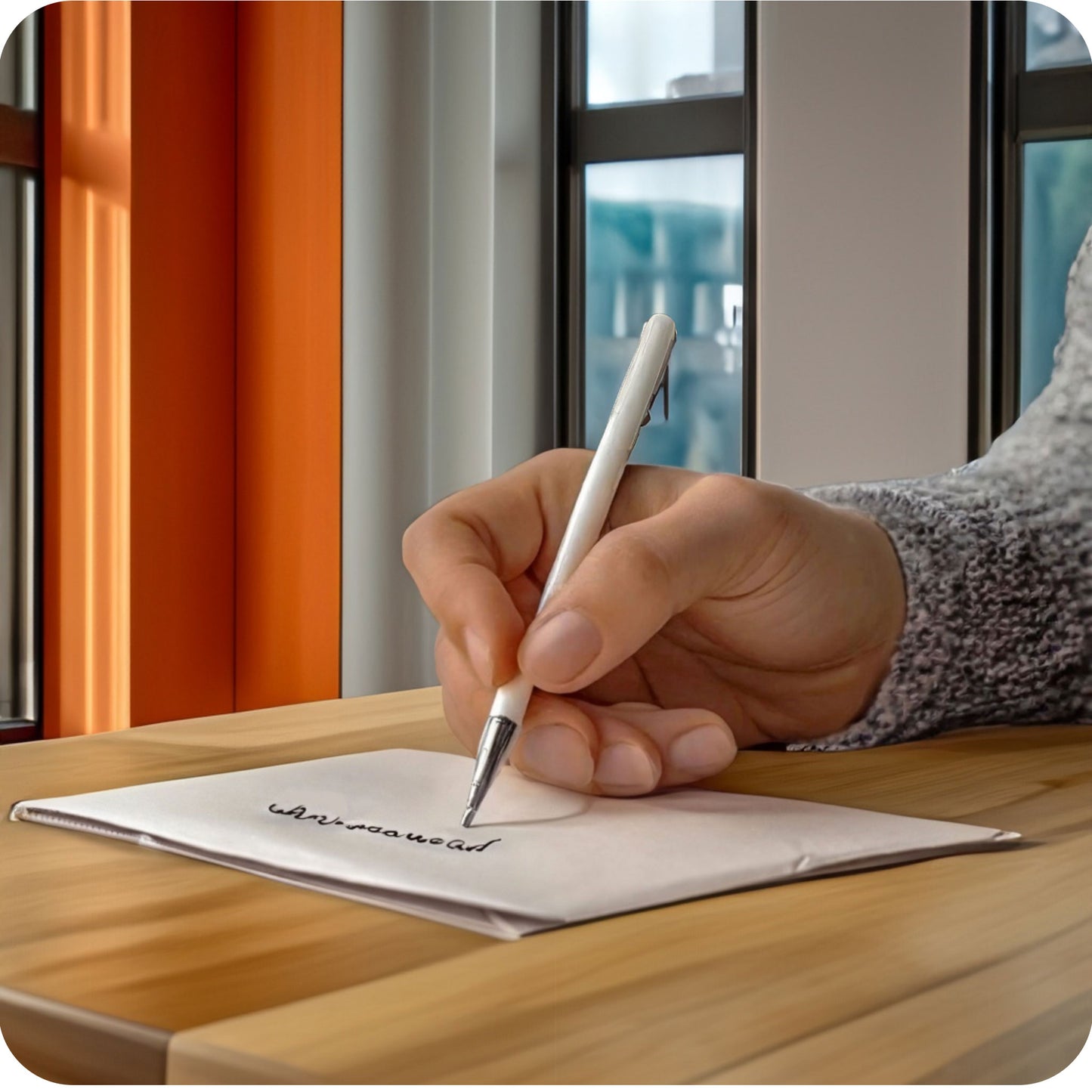 Een sfeerfoto waarin iemand een wenskaart aan het schrijven is aan een tafel, in een aangepaste, specifieke sfeervolle omgeving