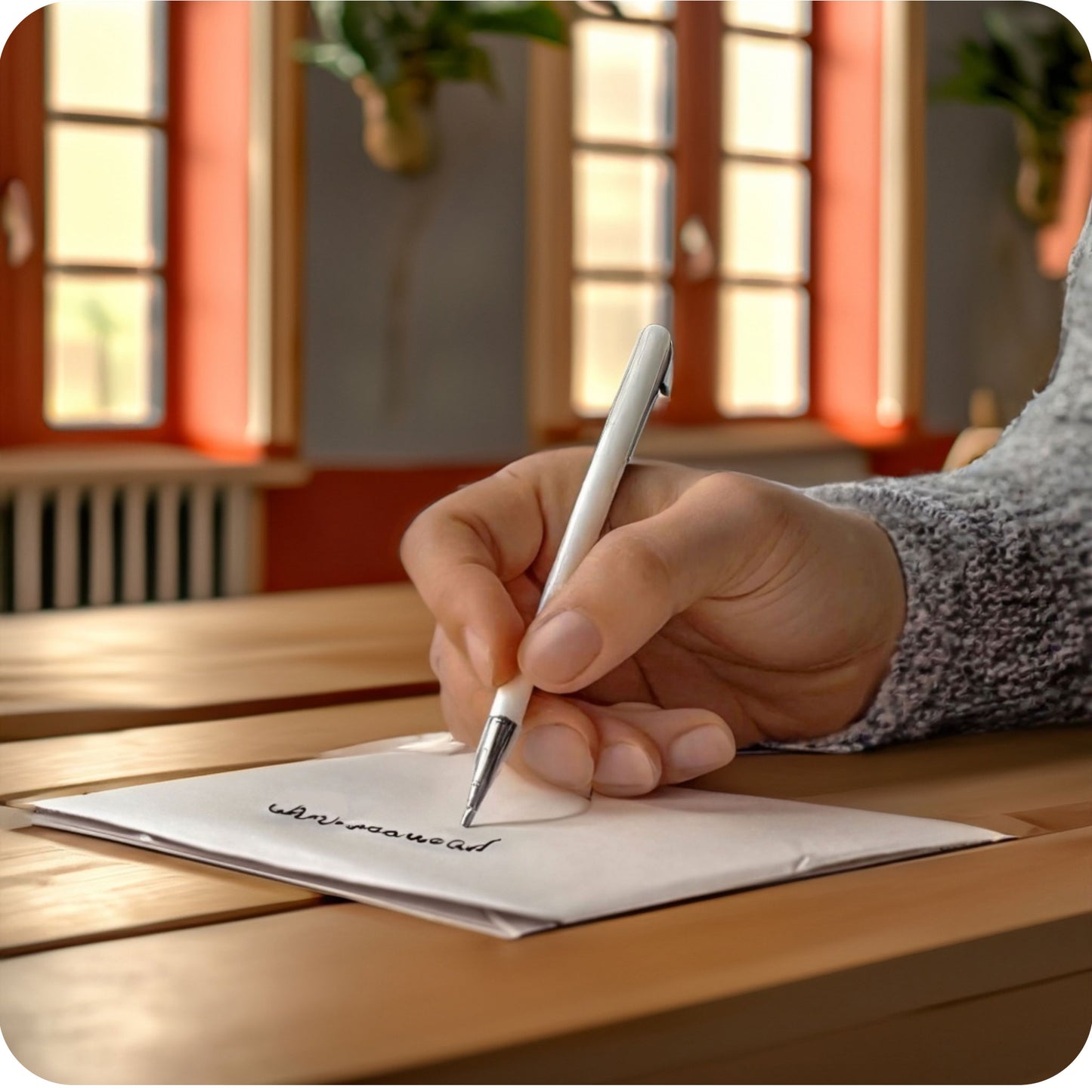 Een sfeerfoto waarin iemand een wenskaart aan het schrijven is aan een tafel, in een aangepaste, specifieke sfeervolle omgeving