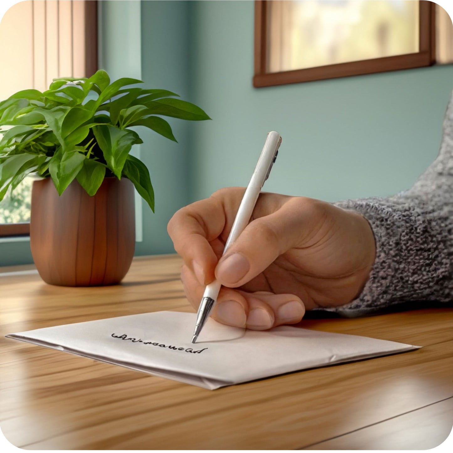 Een sfeerfoto waarin iemand een wenskaart aan het schrijven is aan een tafel, in een aangepaste, specifieke sfeervolle omgeving