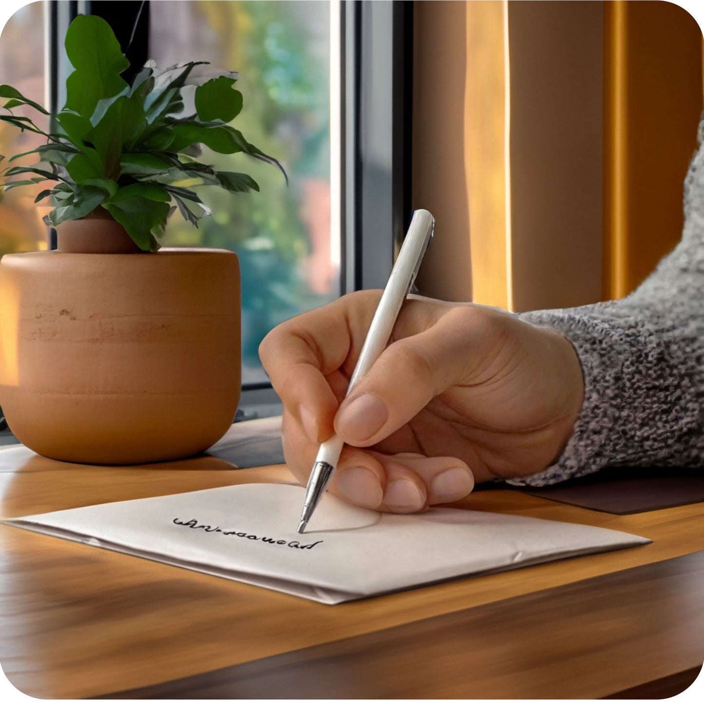 Een sfeerfoto waarin iemand een wenskaart aan het schrijven is aan een tafel, in een aangepaste, specifieke sfeervolle omgeving