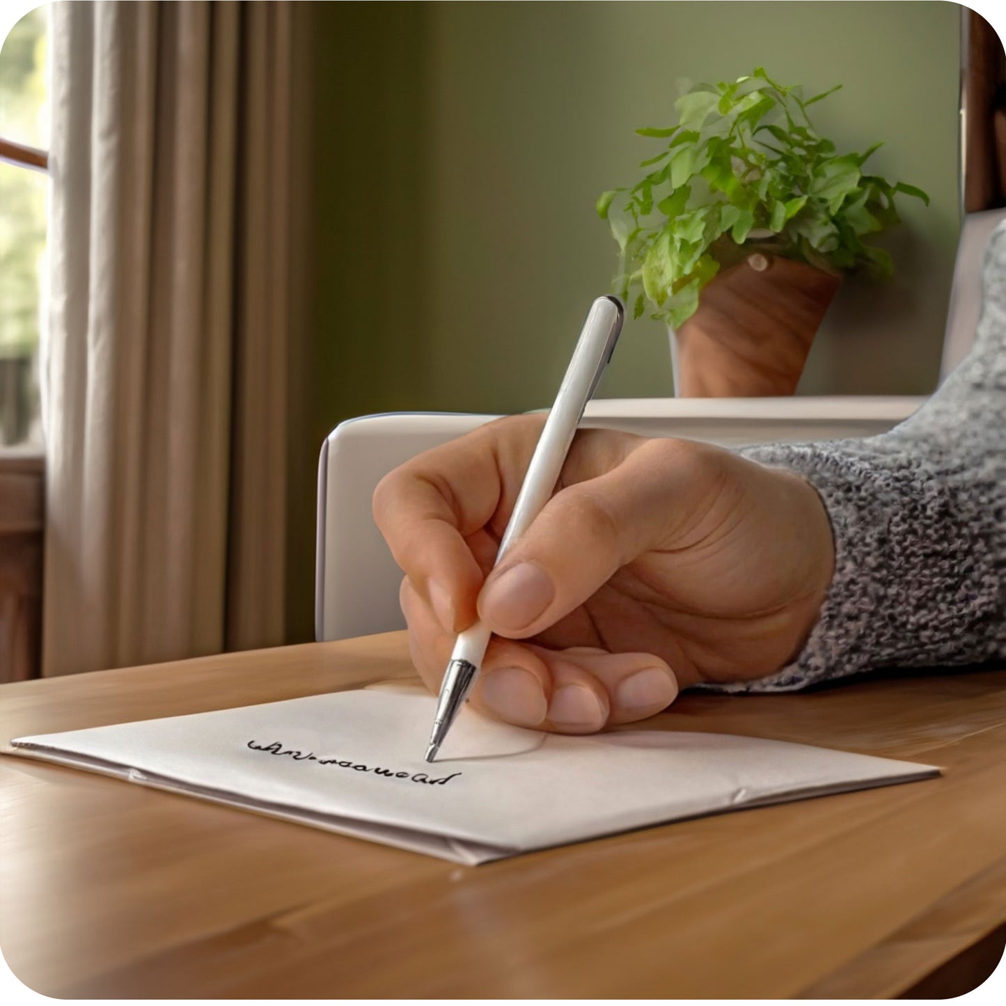 Een sfeerfoto waarin iemand een wenskaart aan het schrijven is aan een tafel, in een aangepaste, specifieke sfeervolle omgeving