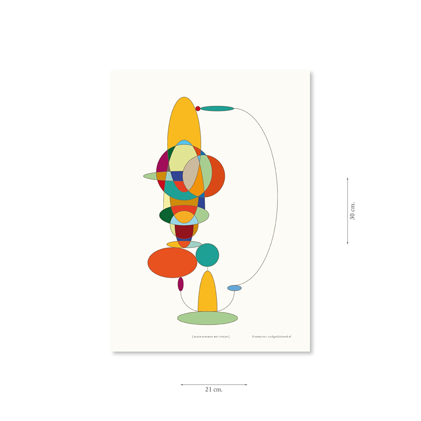 Productafbeelding, poster "kleur-acrobaat met ovalen", met aanduiding van het formaat erop weergegeven 21 x 30 cm