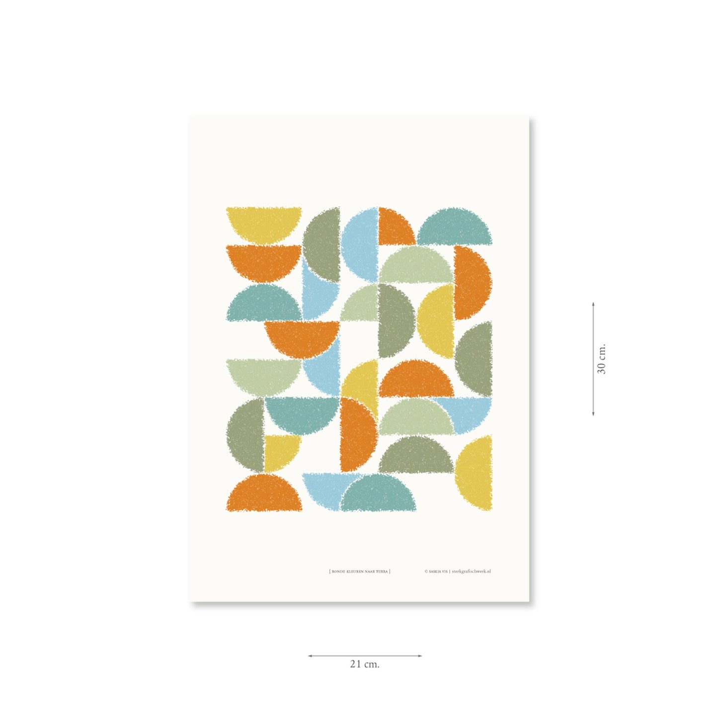Productafbeelding, poster "ronde kleuren naar terra", met aanduiding van het formaat erop weergegeven 21 x 30 cm