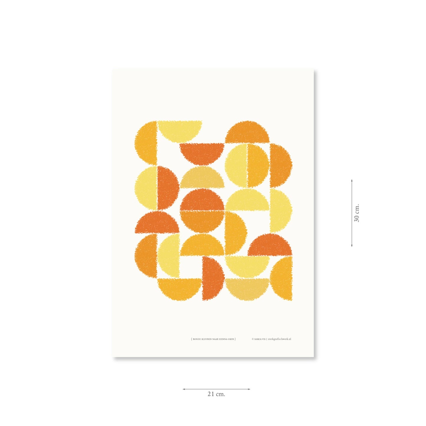 Productafbeelding, poster "ronde kleuren naar sienna oker", met aanduiding van het formaat erop weergegeven 21 x 30 cm
