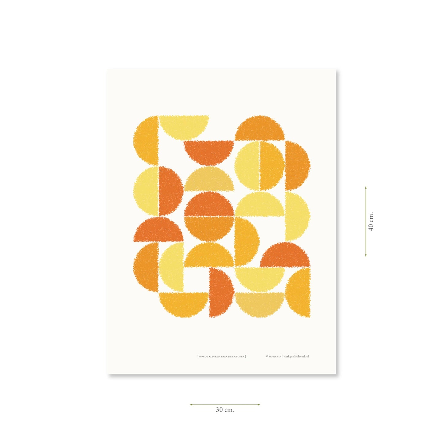 Productafbeelding, poster "ronde kleuren naar sienna oker", met aanduiding van het formaat erop weergegeven 30 x 40 cm