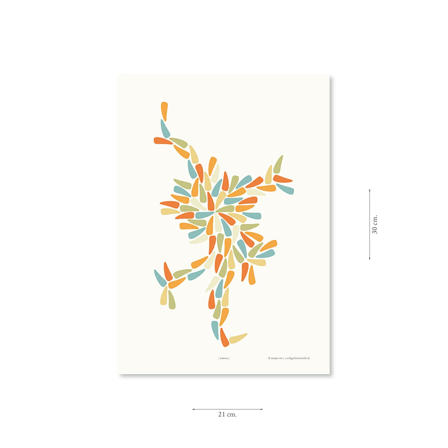 Productafbeelding, poster "dansia", met aanduiding van het formaat erop weergegeven 21 x 30 cm