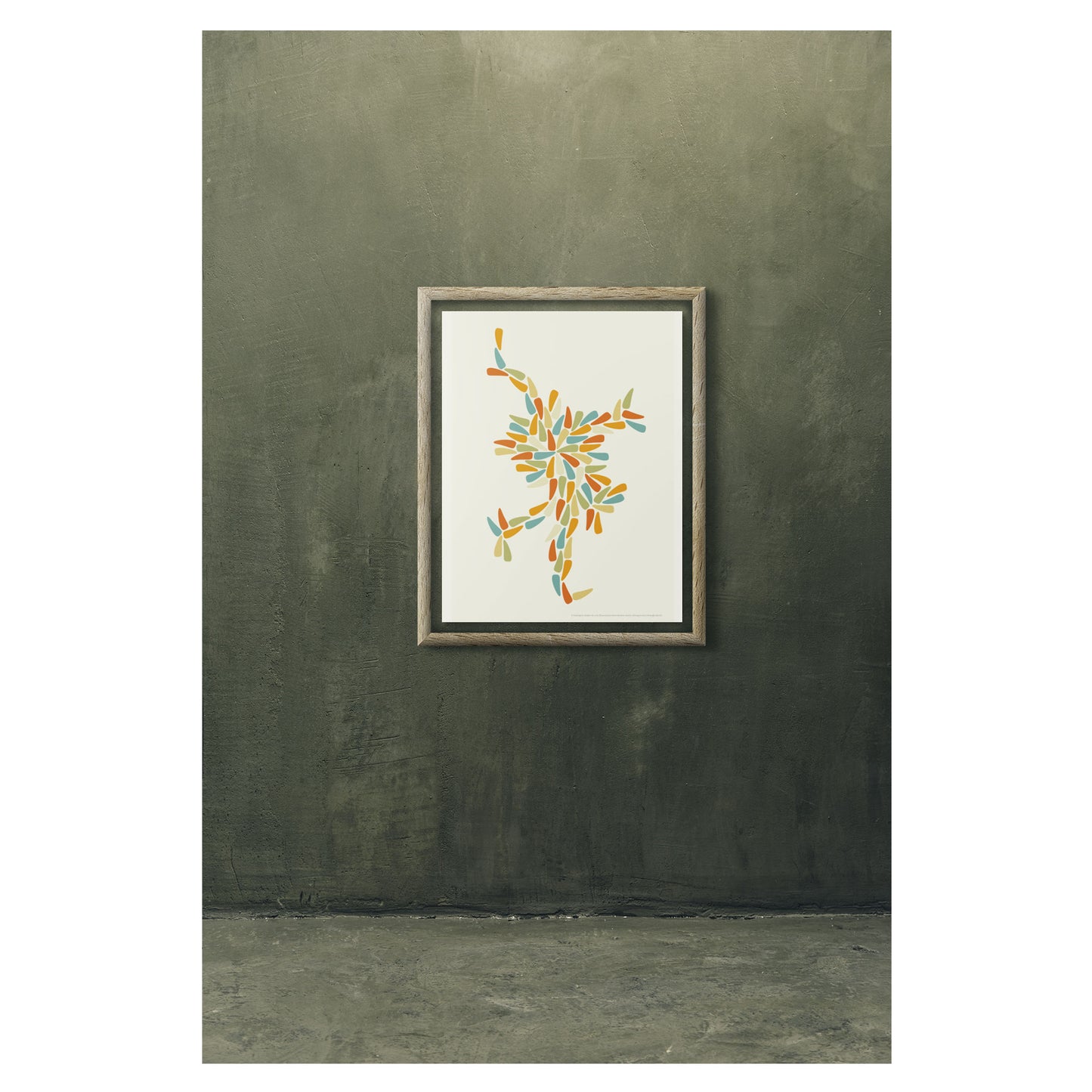 Productafbeelding, poster "dansia", foto impressie 2, ingelijst hangend aan een authentieke groen kleurige wand