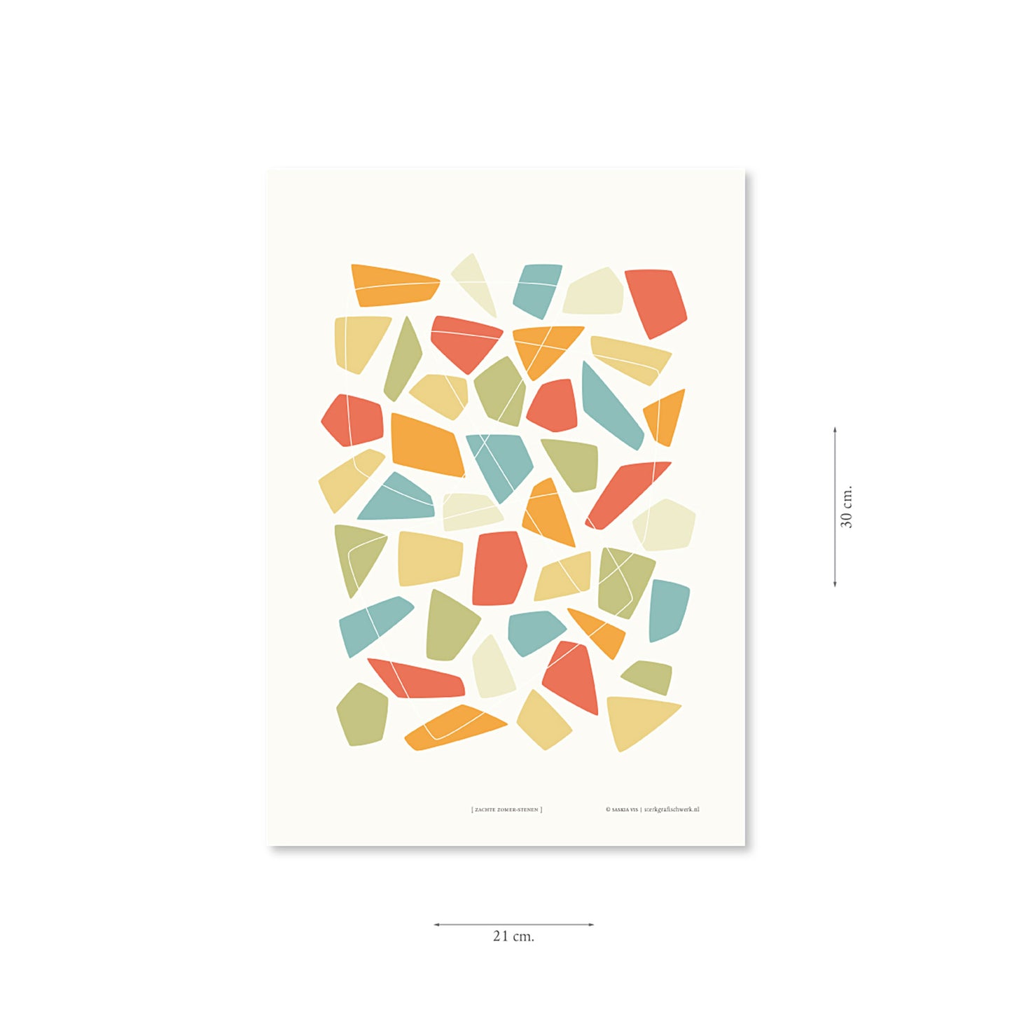 Productafbeelding, poster "zachte zomer-stenen", met aanduiding van het formaat erop weergegeven 21 x 30 cm
