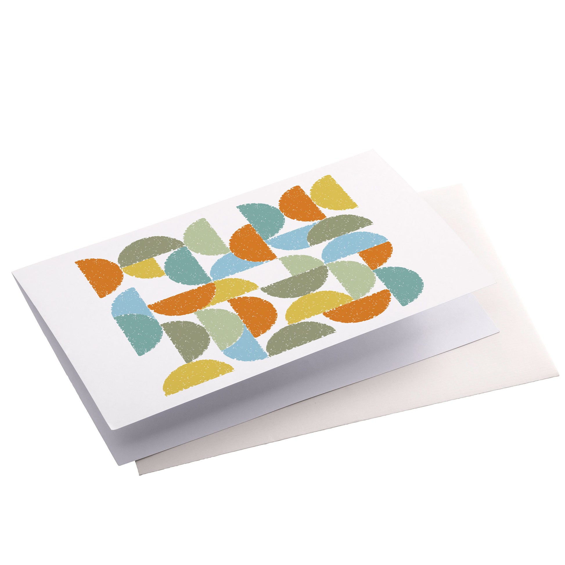 Productafbeelding, wenskaart "ronde kleuren naar terra", zijaanzicht liggend met een envelop