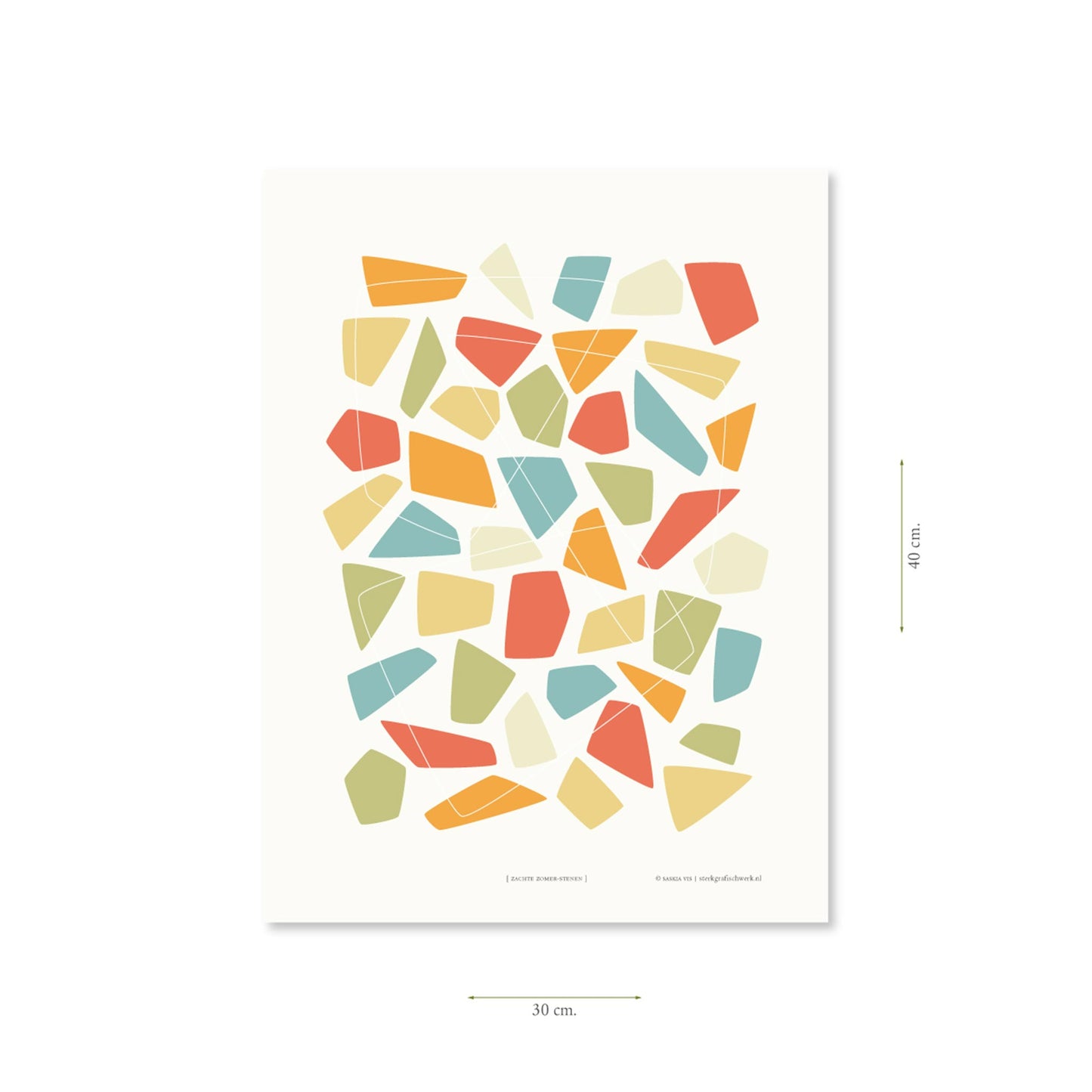 Productafbeelding, poster "zachte zomer-stenen", met aanduiding van het formaat erop weergegeven 30 x 40 cm