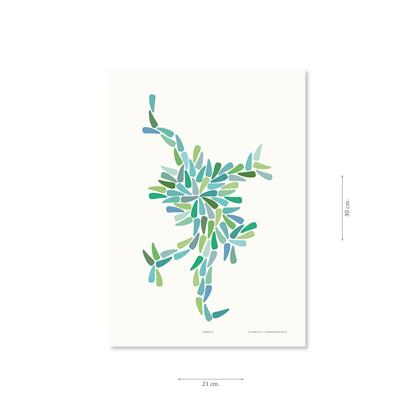 Productafbeelding, poster "dansia (blauw-groen)", met aanduiding van het formaat erop weergegeven 21 x 30 cm