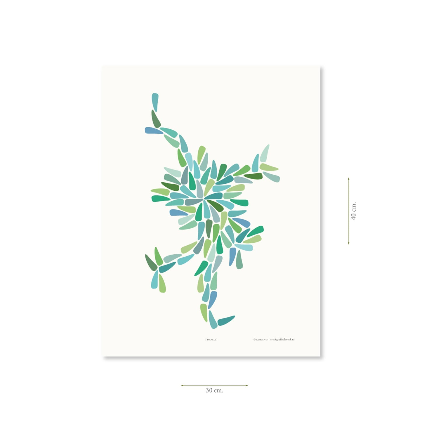 Productafbeelding, poster "dansia (blauw-groen)", met aanduiding van het formaat erop weergegeven 30 x 40 cm