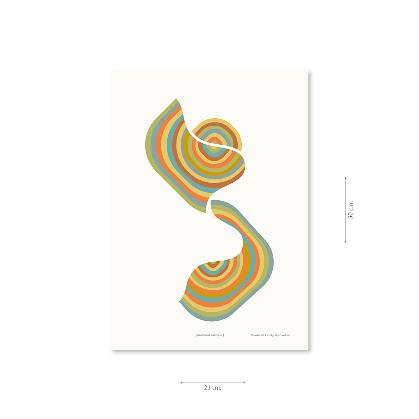 Productafbeelding, poster "organisch ontstaan", met aanduiding van het formaat erop weergegeven 21 x 30 cm