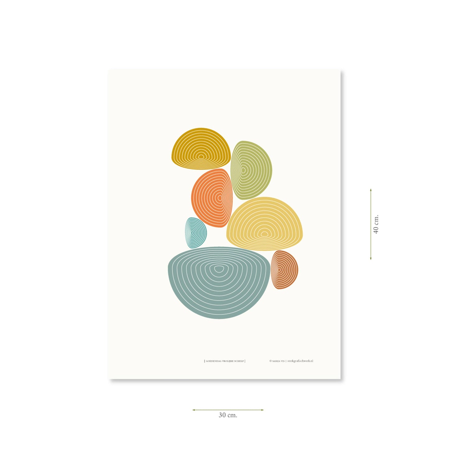 Productafbeelding, poster "goedendag vrolijke schelp", met aanduiding van het formaat erop weergegeven 30 x 40 cm