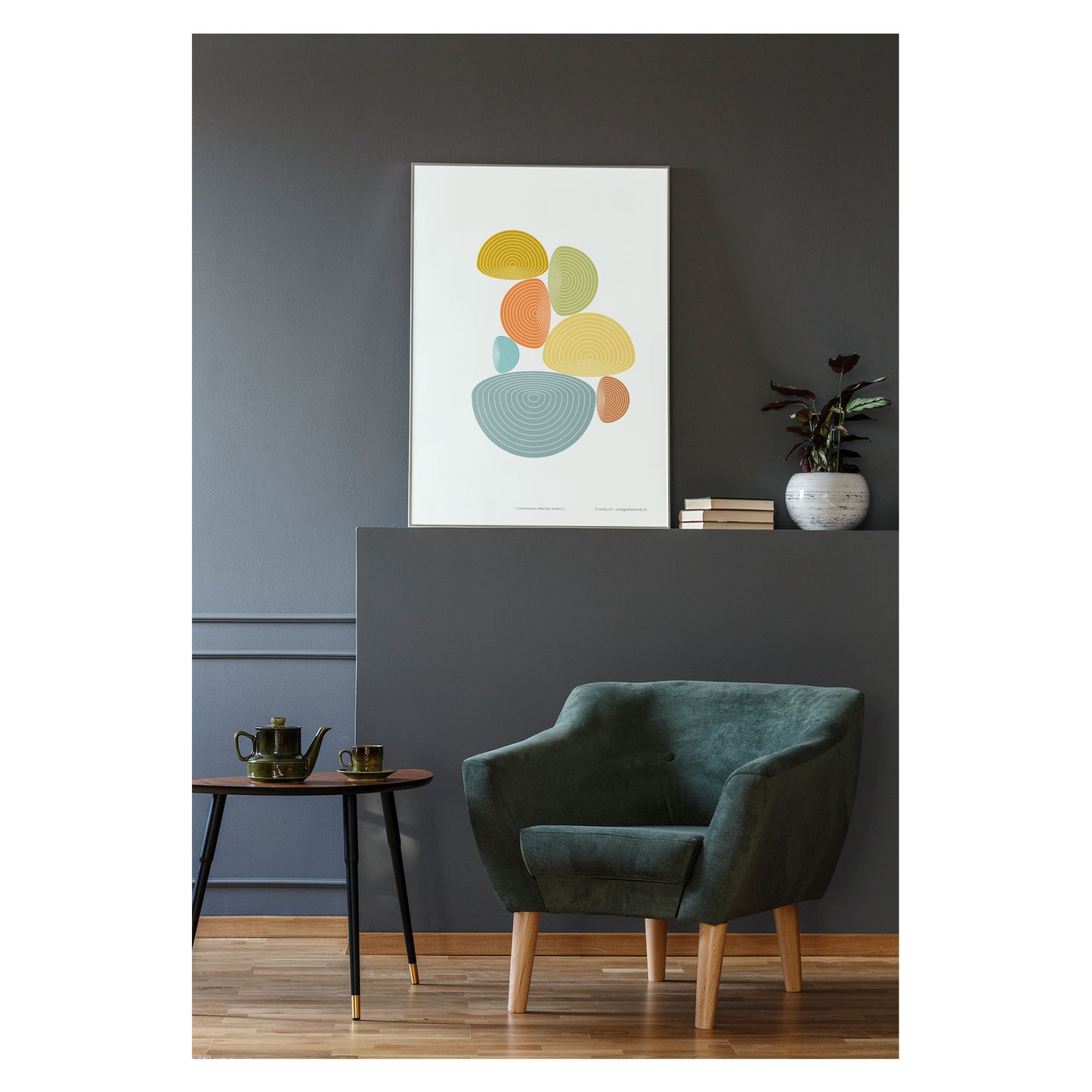 Productafbeelding, poster "goedendag vrolijke schelp", als impressie, hangend in een interieur