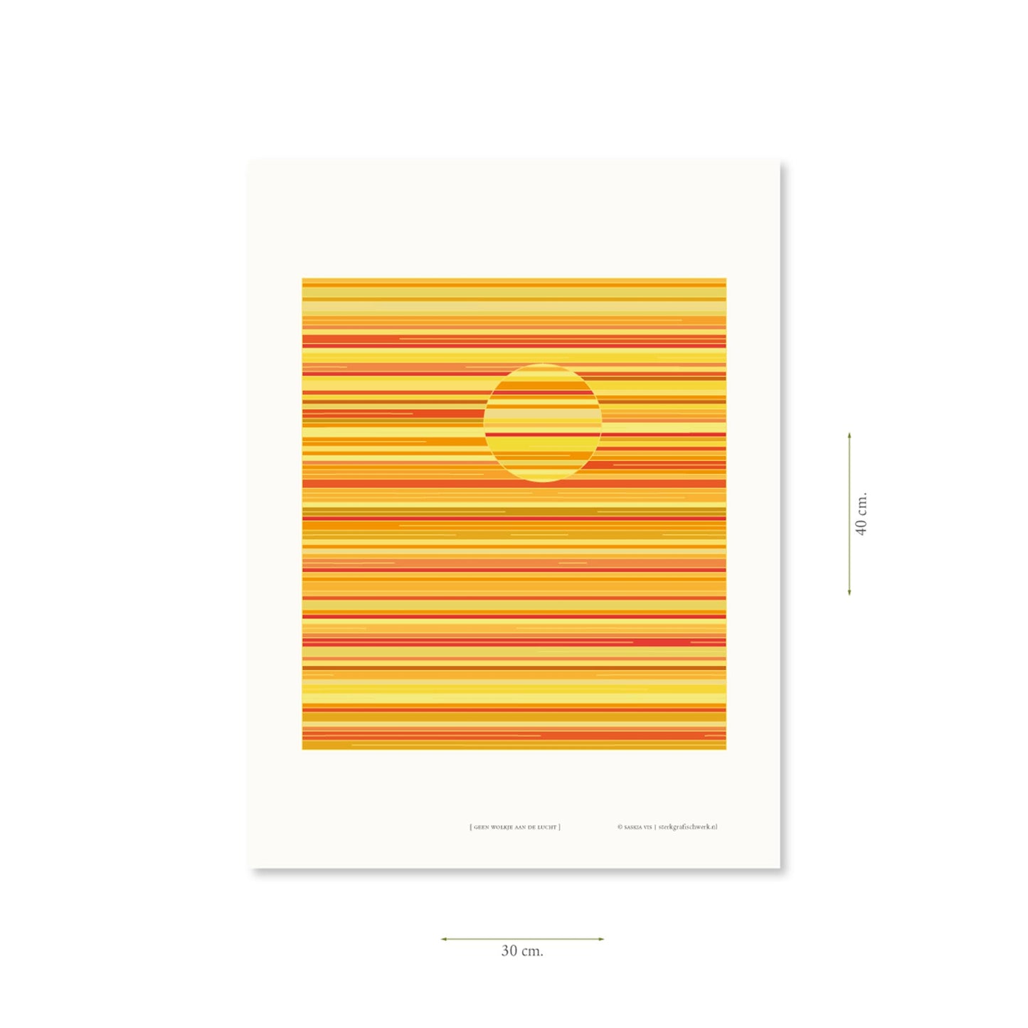 Productafbeelding, poster "geen wolkje aan de lucht", met aanduiding van het formaat erop weergegeven 30 x 40 cm