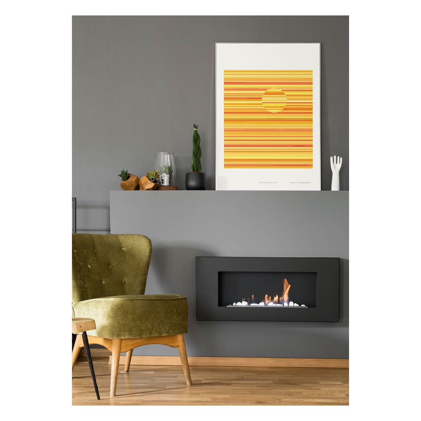 Productafbeelding, poster "geen wolkje aan de lucht", foto impressie 2, impressie ingelijst staande in een interieur