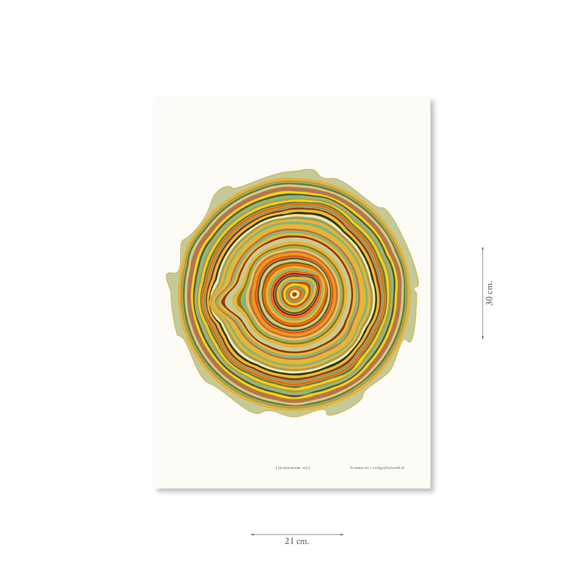 Productafbeelding, poster "de kijk-boom tijd", met aanduiding van het formaat erop weergegeven 21 x 30 cm