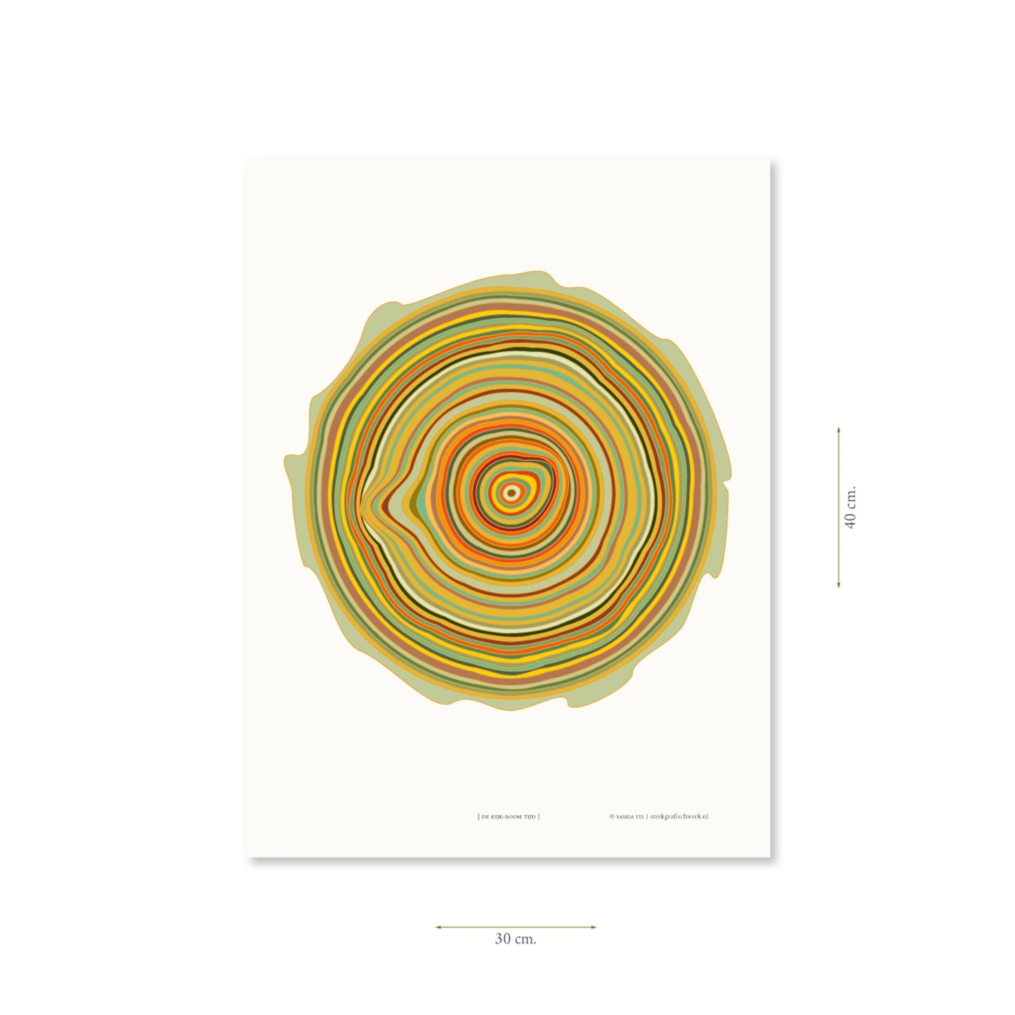 Productafbeelding, poster "de kijk-boom tijd", met aanduiding van het formaat erop weergegeven 30 x 40 cm