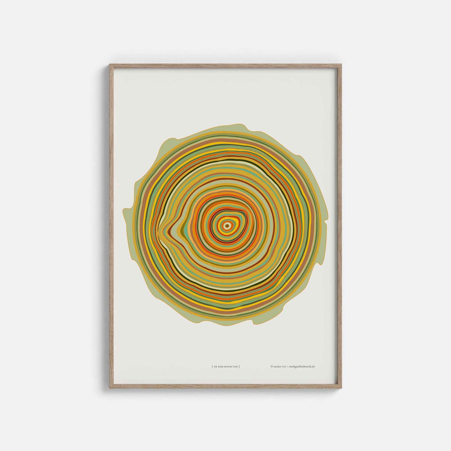 Productafbeelding, poster "de kijk-boom tijd", in een houten lijst hangend aan een witte wand, een overzichtsfoto