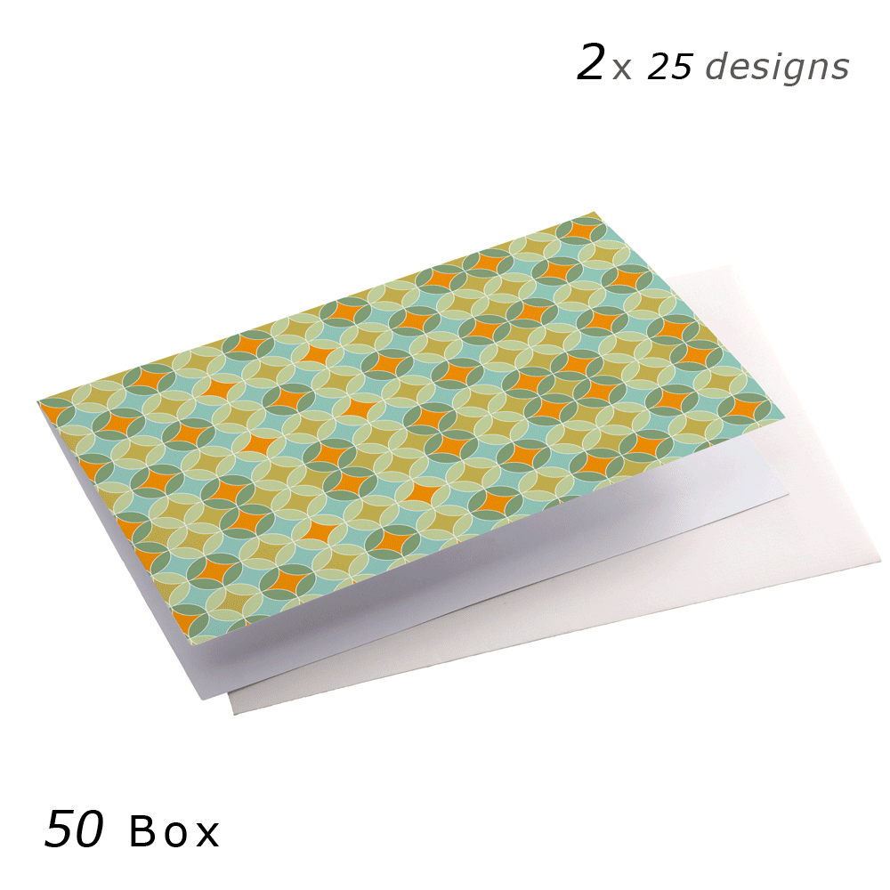 Productafbeelding, "Business Box 50x Wenskaarten-compleet" een gif-animatie, een aantal voorbeelden van kaarten, zijaanzicht liggend
